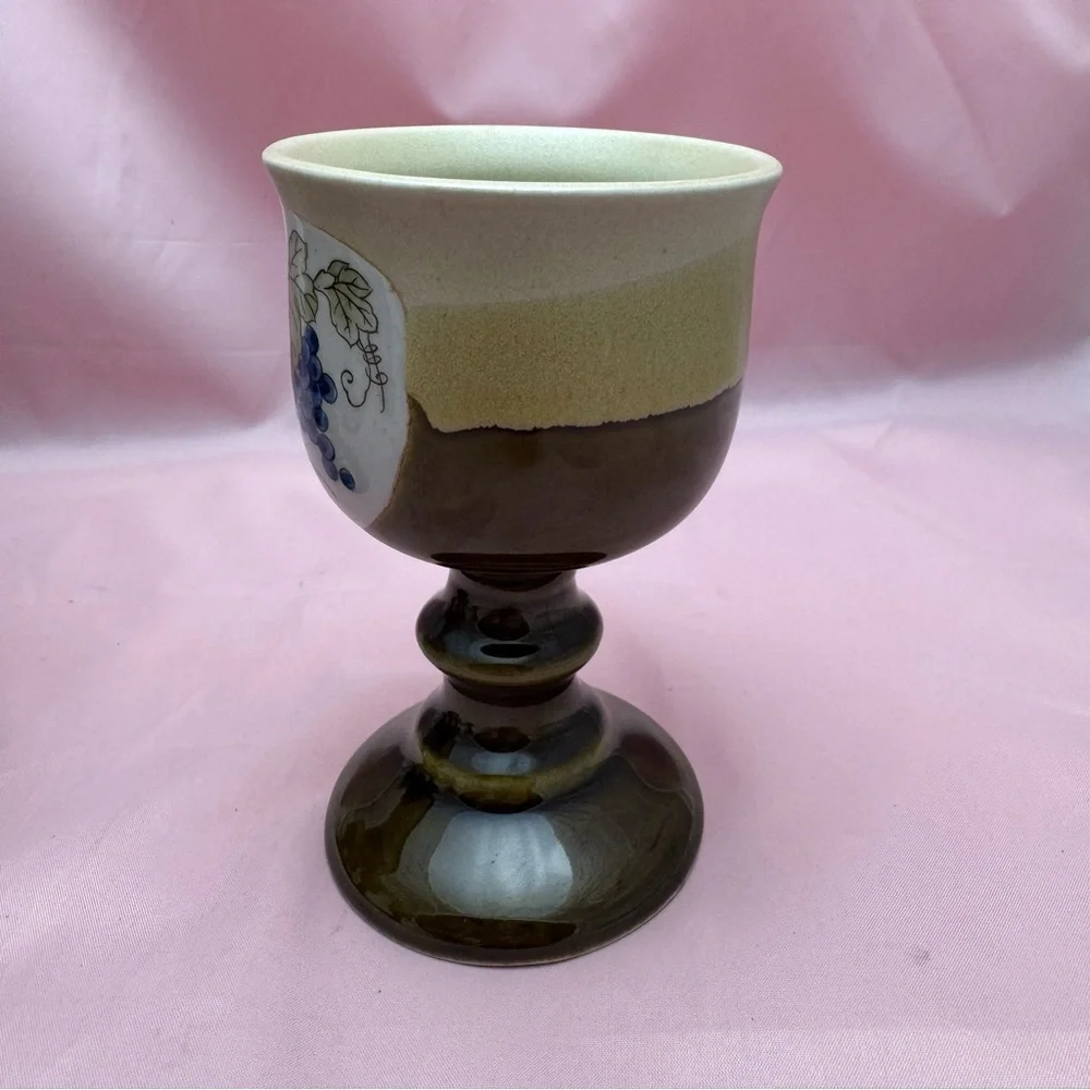 VTG Otagiri Blue Grapevine Goblet Set Stoneware MCM Wine Barware Japan
